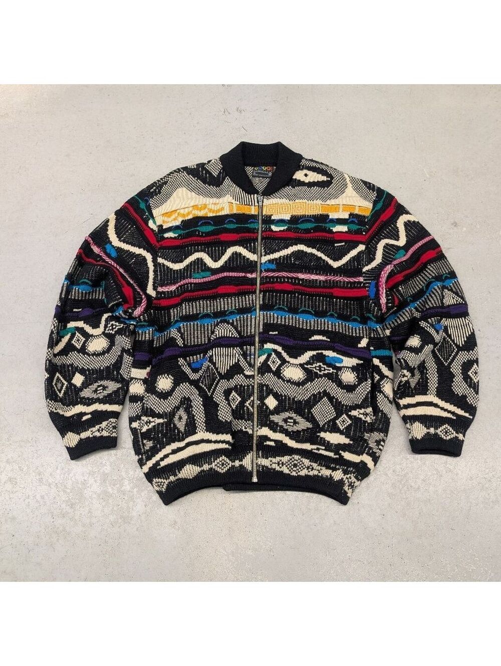 Rare Vintage 90s Coogi Full Zip Wool Black Rainbow Sweater